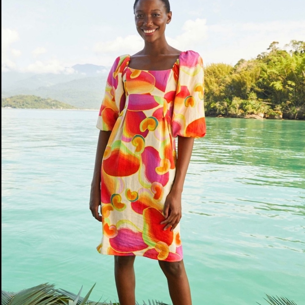 FARM Rio Vibrant Multicolor Cashew Juice Midi Dress with Puff Sleeves